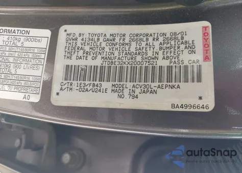 2002 Toyota Camry Le from USA, damaged, VIN JTDBE32KX20007521